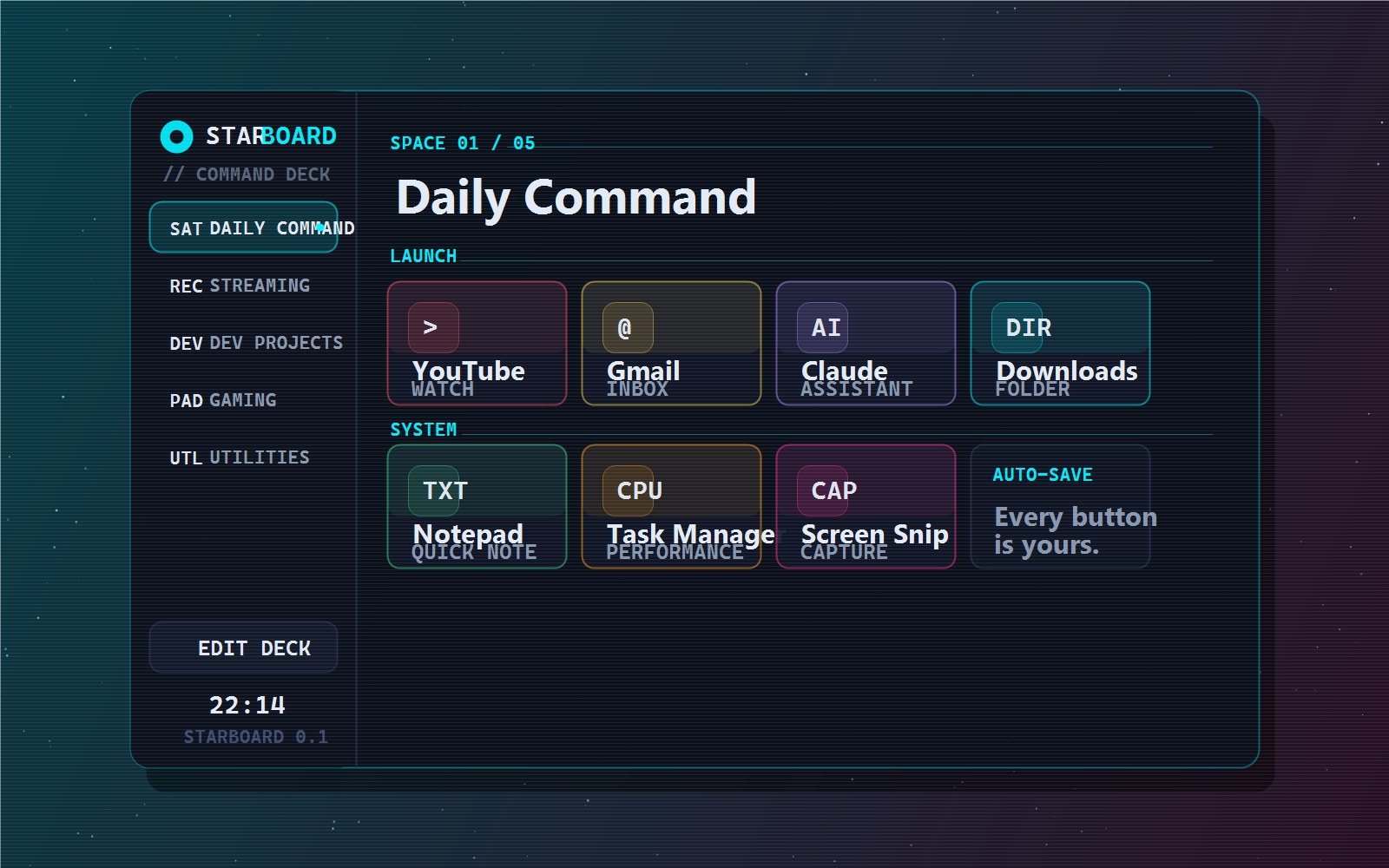 Starboard command deck preview with spaces, sidebar controls, and glowing action tiles
